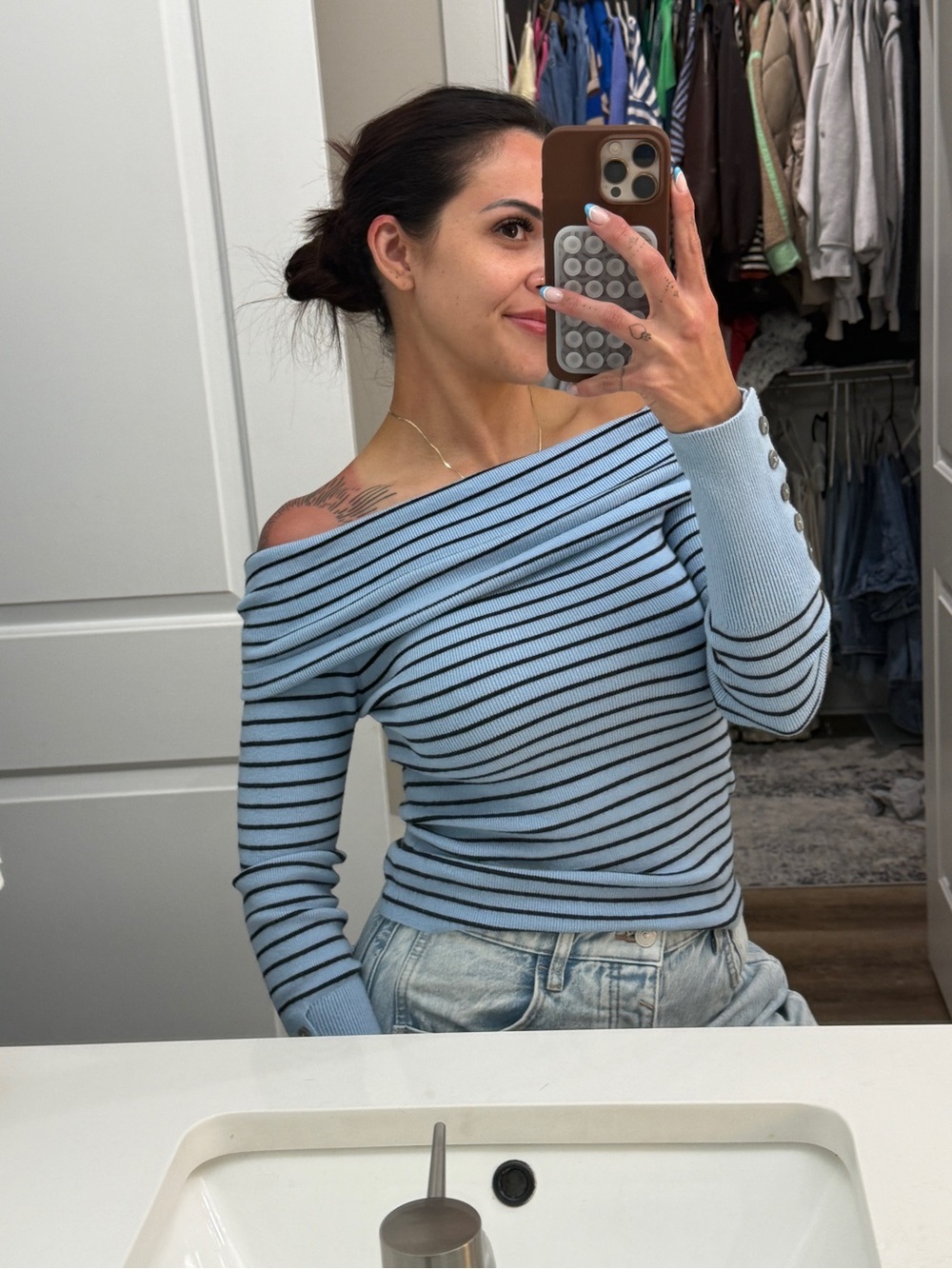 Light Blue Striped Off-Shoulder Long Sleeve Top